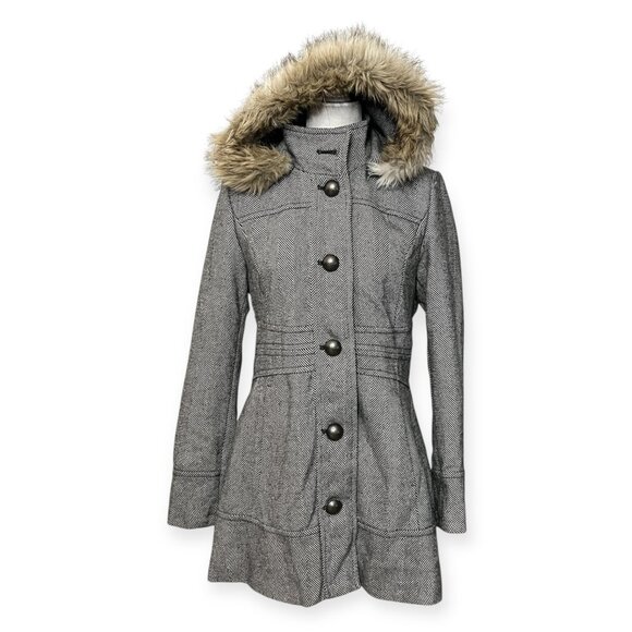 Esprit Women’s M Wool Blend Herringbone Coat Faux Fur Hood Button Front Winter - Picture 1 of 15